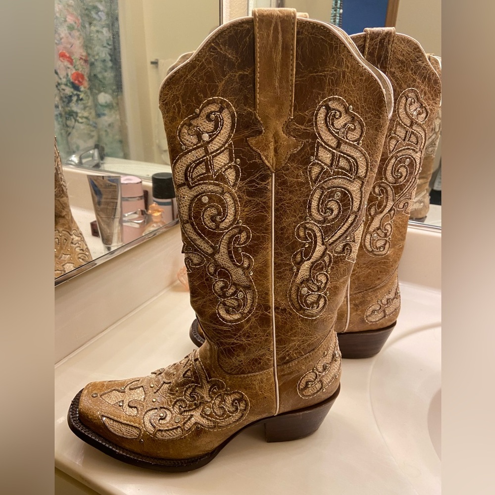 Joe Boots Arles Womens 7 Leather Brown Square Toe Western Crystal Made in Mexico